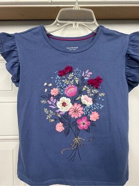 Isaac Mizrahi Girls' EUC Navy Blue Floral Bouquet Ruffle Sleeve Top.   #256